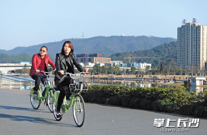 梅溪湖畔，市民們騎著共享單車賞景。長(zhǎng)沙晚報(bào)記者 鄒麟 攝
