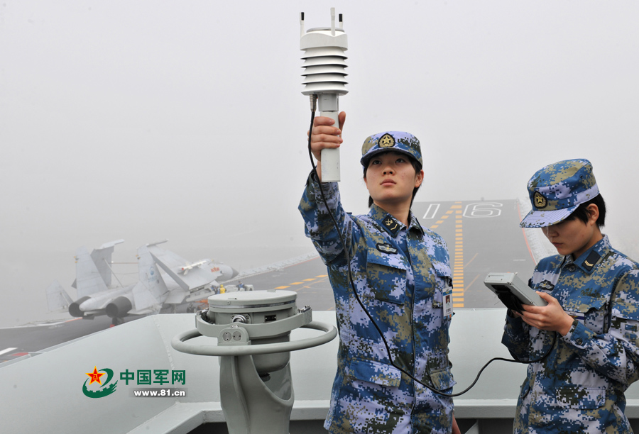 飛行前氣象值班女艦員進行風力參數測定。本網通訊員 王松岐 攝